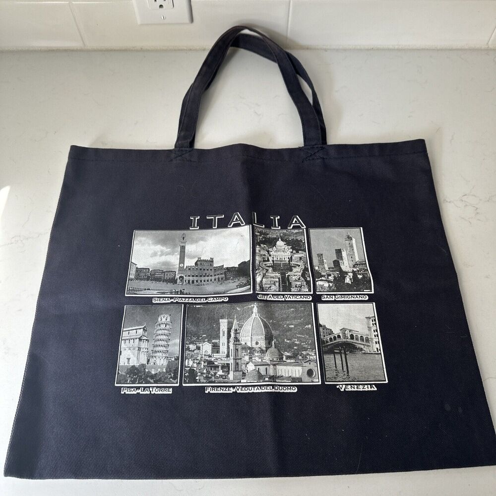 Canvas Tote Bag Scenes Of Italy Navy Blue Carry-All